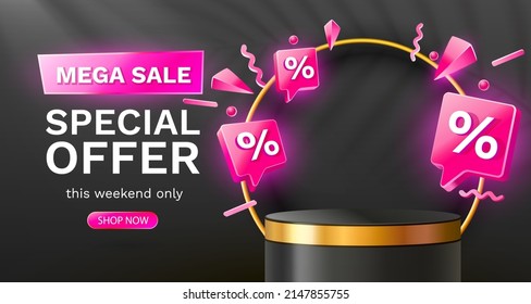 Mega sale special offer, Stage podium percent, Stage Podium Scene with for Award, Decor element background. Vector illustration