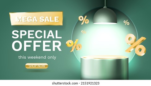 Mega sale special offer, Stage podium percent, Stage Podium Scene with for Award, Decor element background. Vector illustration