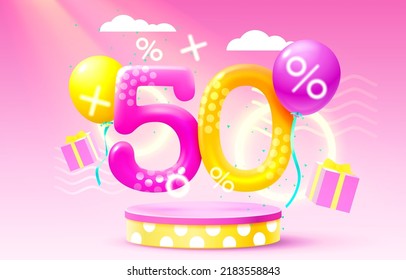 Mega sale special offer, Stage podium percent 50, Stage Podium Scene with for Award, Decor element background. Vector illustration