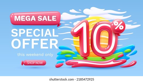 Mega sale special offer, Stage podium percent 10, Simmer time lifestyle, happy banner travel. Vector illustration