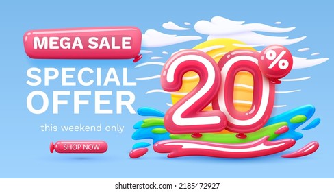 Mega sale special offer, Stage podium percent 20, Simmer time lifestyle, happy banner travel. Vector illustration