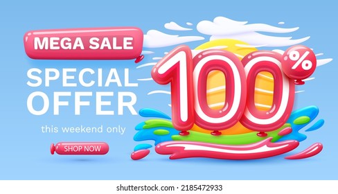 Mega sale special offer, Stage podium percent 100, Simmer time lifestyle, happy banner travel. Vector illustration