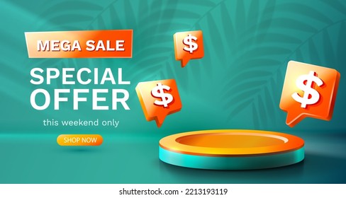 Oferta especial de Mega venta, dólar de escenario, escenario de podio con para premio, fondo de elemento Decor. Ilustración del vector