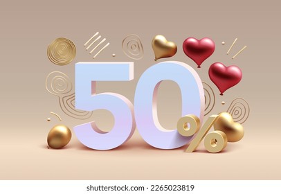 Mega sale special offer, Stage podium percent 50, Stage Podium heart golden balloon, Decor element background. Vector illustration