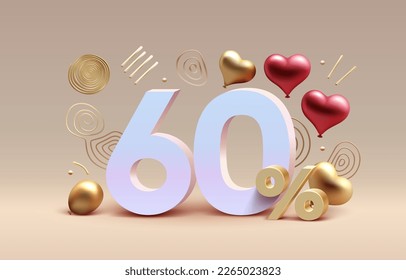 Mega sale special offer, Stage podium percent 60, Stage Podium heart golden balloon, Decor element background. Vector illustration