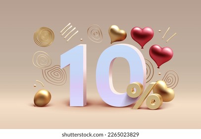 Mega sale special offer, Stage podium percent 10, Stage Podium heart golden balloon, Decor element background. Vector illustration