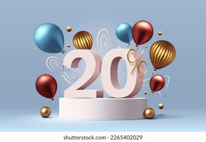 Mega sale special offer, Stage podium percent 20, Stage Podium golden balloon, Decor element background. Vector illustration