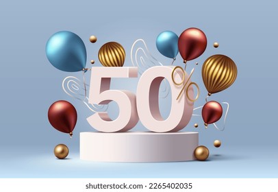 Mega sale special offer, Stage podium percent 50, Stage Podium golden balloon, Decor element background. Vector illustration