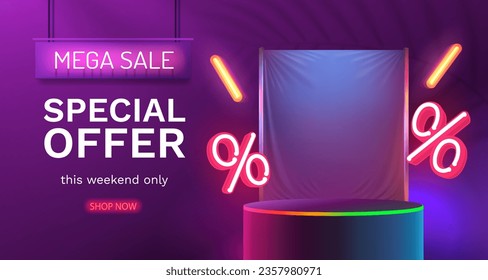 Mega sale special offer, Stage podium percent, Stage Podium Scene with for Percentage, Decor element background. Vector illustration