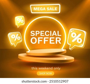 Mega sale special offer, Stage podium percent, Stage Podium Scene with for Award, Decor element background. Vector illustration