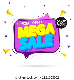 Mega Sale, special offer, tag design template, speech bubble banner, vector illustration