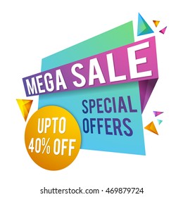 Mega Sale with Special Offer upto 40% off, Creative Paper Tag, Poster, Banner or Flyer design on white background.