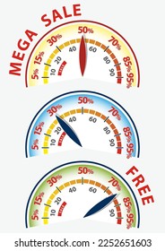 Mega Sale Speedometer tags with Sale up to five nine percent text. Discount labels. Vector