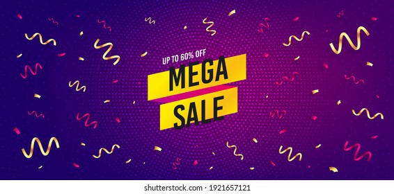 Mega sale sticker. Festive confetti background with offer message. Discount banner shape. Coupon tag icon. Best advertising confetti banner. Mega sale badge shape. Celebrate party background. Vector