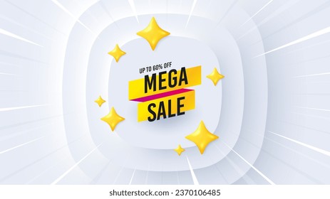 Mega sale sticker. Neumorphic offer 3d banner, coupon. Discount banner shape. Coupon tag icon. Mega sale promo event background. Sunburst banner, flyer or poster. Vector