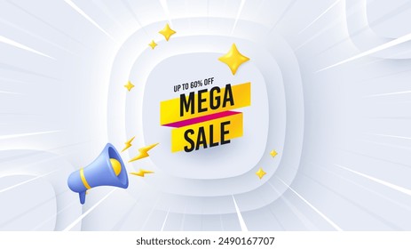Mega sale sticker. Neumorphic offer 3d banner, poster. Discount banner shape. Coupon tag icon. Mega sale promo event background. Sunburst banner, flyer or coupon. Vector
