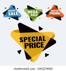 Mega sale, super sale and discounts set of banners. Geometric shapes, badge full color. EPS 10 Vector illustration