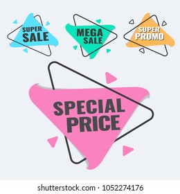Mega sale, super sale and discounts set of banners. Geometric shapes, badge full color. EPS 10 Vector illustration