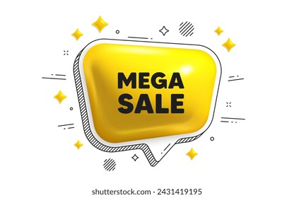 Etiqueta de Mega Sale. Icono de burbuja 3d de voz de chat. Signo de precio de oferta especial. Símbolo de descuentos publicitarios. Mensaje de chat de megaventa. Banner de burbuja de discurso con rayas. Globo de texto amarillo. Vector