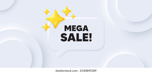 Etiqueta de Mega Sale. Fondo neumórfico con burbuja de discurso de chat. Muestra de Precio de oferta especial. Símbolo de Descuentos publicitarios. Mega mensaje de discurso de venta. Anuncio con estrellas 3D. Vector