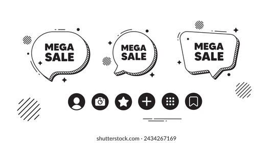 Mega Sale tag. Speech bubble offer icons. Special offer price sign. Advertising Discounts symbol. Mega sale chat text box. Social media icons. Speech bubble text balloon. Vector