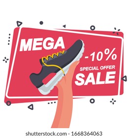 Mega sale template for advertising and promotion. Sports shoe in the seller’s hand. Discount on shoes. Super offer. Vector illustration flat design. Isolated on white background. Place for text.