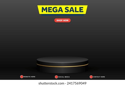 mega sale template banner with blank space 3d podium for product sale with abstract gradient black background design
