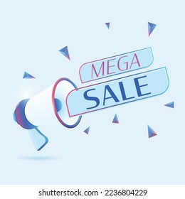 Mega sale text with 3d realistic megaphone vector illustration. Banner template to announce news about webinar in social media, training course, marketing technology poster