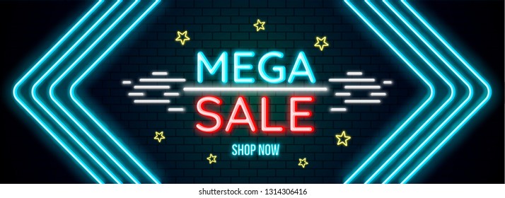 Mega sale text in neon lighting effect on blue brick wall background for advertising banner or header design.