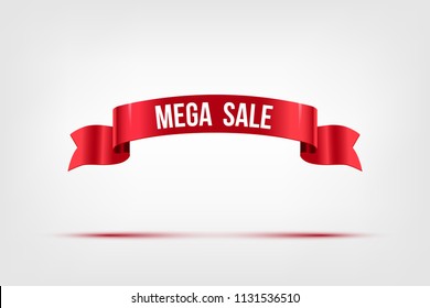 Mega Sale text on red ribbon isolated on gray. Vector illustration.