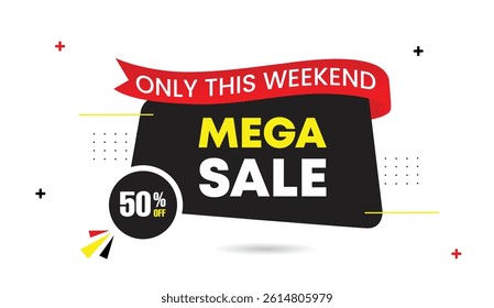 Mega sale this weekend 50 percent off editable web banner template design vector illustration black red shapes elements light gray background business abstract modern professional style
