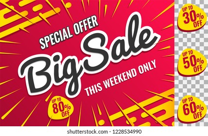 Mega Sale. this weekend special offer banner, up to 30% 50% 60% off. Vector illustration