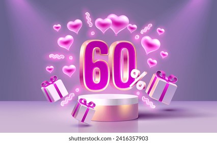 Mega sale Valentines Day, special offer, 60 off sale banner. Sign board promotion. Vector illustration