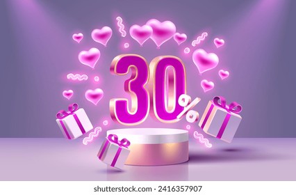 Mega-Verkauf Valentinstag, Sonderangebot, 30 Rabatt-Banner. Werbeaktion für SignBoard. Vektorgrafik