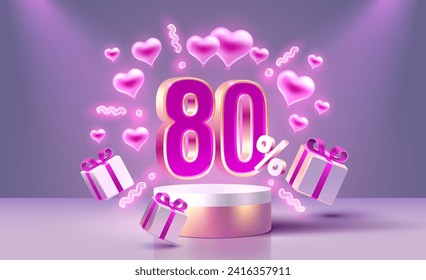 Mega sale Valentines Day, special offer, 80 off sale banner. Sign board promotion. Vector illustration