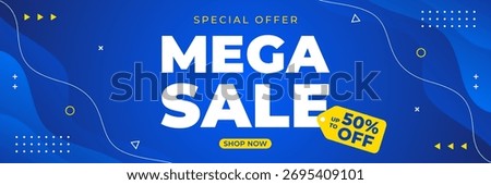 Mega Sale vector banner, Abstract blue wave background with geometric shapes, up to 50% off, modern template design for sales promotion, marketing ads, e-commerce, events, web, and headers