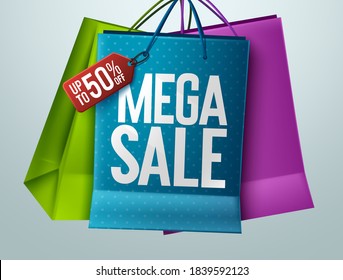 Mega sale vector banner concept design. Mega sale text with 50% off price tag in paper bag elements for shopping discount offer advertisement and promotion. Vector illustration.