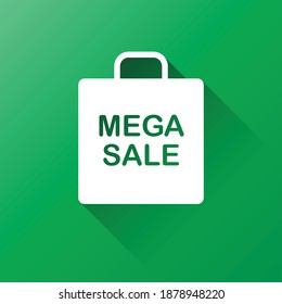 Vector de mega venta bueno para campaña, fondo, icono, pegatina. Icono de bolsa de compras aislado en verde.