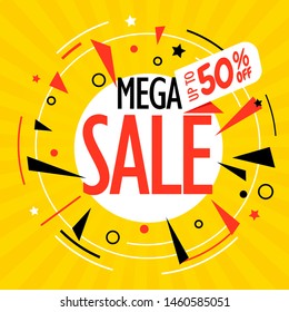 Mega venta ilustración vectorial. Banner de papel doblado