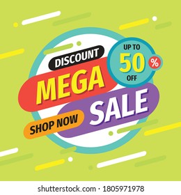 Mega sale - vector layout concept illustration. Discount up to 50% off. Abstract advertising promotion banner. Creative background. Special offer. Shop now. Graphic design elements. 