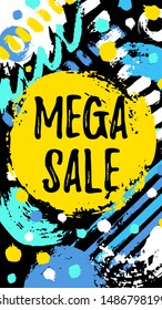 Mega sale vertical banner. Vector illustration isolated on a modern,abstract grunge background. Perfect for website, badge, poster, cover, booklet, print, flyer, blank, card, ad.