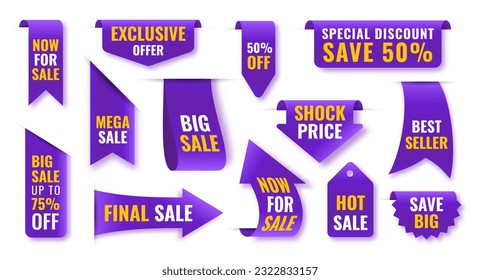 Mega sale violet banner. Special offer arrow shape product label. Shock price purple discount tag. Save big ad ribbon badge. Market promotional design elements. Web site buy buttons 50 percent off