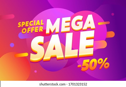 Mega Sale for web app banner. Big sale special offer. Fluid promotion gradient shapes composition.