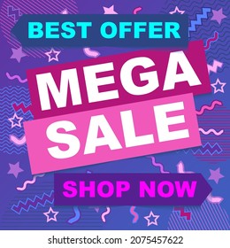 Mega-Verkauf für Web-App-Banner. Abstrakter kreativer Hintergrund in hellen Farben. Cool Design für Karte, Poster, Einladung oder Flyer. Ermäßigtes Sonderangebot.