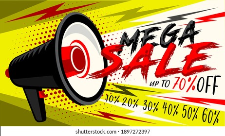 Mega Sale web banner or poster. Megaphone with news speech. Loudspeaker. Special market offer final sale,up to 70% off. Store info display. Vector illustration template easy editable for Your design. 