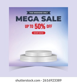 Mega Sale Web Promotions Banner Template 3D Podium and Gradient Background for Flash Sales, Retail Ads, Ecommerce Promo. Super Weekend Discount Modern Banners Design