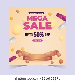 Mega Sale Web Promotions Banner Template 3D Podium and Gradient Background for Flash Sales, Retail Ads, Ecommerce Promo. Super Weekend Discount Modern Banners Design
