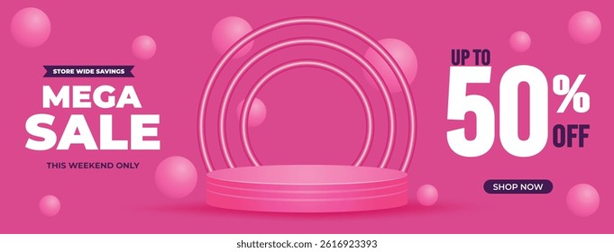 Mega Sale Web Promotions Banner Template 3D Podium and Gradient Background for Flash Sales, Retail Ads, Ecommerce Promo. Super Weekend Discount Modern Banners Design