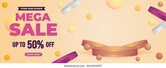 Mega Sale Web Promotions Banner Template 3D Podium and Gradient Background for Flash Sales, Retail Ads, Ecommerce Promo. Super Weekend Discount Modern Banners Design