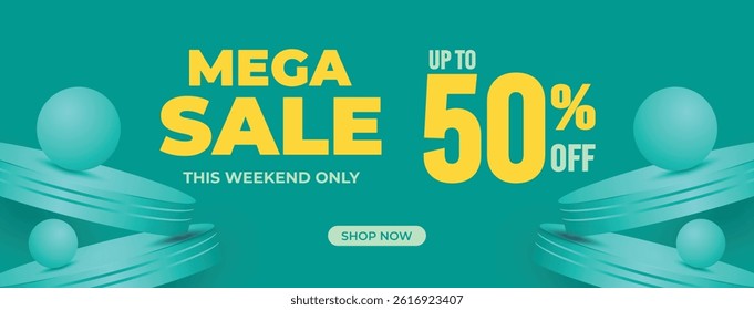 Mega Sale Web Promotions Banner Template 3D Podium and Gradient Background for Flash Sales, Retail Ads, Ecommerce Promo. Super Weekend Discount Modern Banners Design